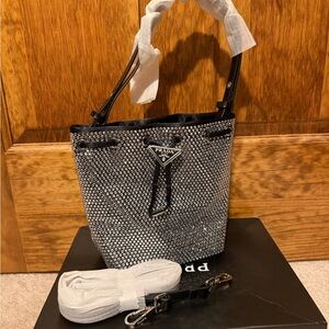 NEW Bling Party Silver Black Rhinestone Bucket Bag with 2 Straps